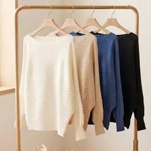 [샵앤] 여성 보트넥 가오리핏 가로 골지 니트 티셔츠 JR-WKN-5168