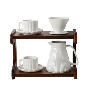 아유시아 커피 메이커 세트 위에 붓기, 아카시아 나무 스탠드가 있는 드 22OZ 세라믹 2OZ 컵 및 접시 5개, 사이즈 02
