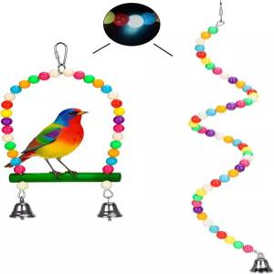 2PC 스윙 앵무새 장난감 나선형 농어 새장 장난감은 금속 방울이 달린 화려한 목재와 글로우 비즈로