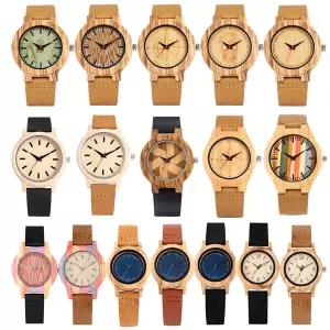 호환  나무대나무 시계 케이스 여성용 손목 시계 쿼츠 무브먼트 블랙브라운 가죽 팔찌 선