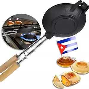 무쇠 주물 쿠바 샌드위치 메이커 디스코 볼라도르 원형 캠핑 토스트기 캠핑용 와플팬 우드 핸들