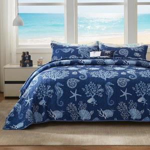 LEAONME 코스탈 퀼트 세트 스프레드 사이즈 포함 침대 2개 마이크로파이버 X98인치 90인치 네이비 경량 리버서블