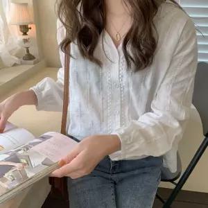 [베스트TOP100] 여성 브이넥 거즈면 봄 여름 블라우스 긴팔 거즈 셔츠