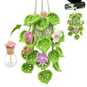 크로셰 자동차 공기 청정기, 15ml 빈 리필 가능한 오일 병에 매달린 꽃 식물, 백미러 장식용 청정기 가정용 및 사무실