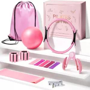 여성용 필라테스 키트 - 매직 서클 저항 밴드 미니 볼 발목/손목 웨이트 캐리백이 포함된 올인원 홈 운동