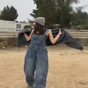 데님 멜빵점프수트 여성용 루즈핏 와이드 일자 바지 오버롤 청바지 스트릿 빈티지 캐주얼