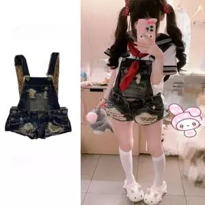 데님 멜빵 반바지 여성용 오버롤 점프수트 와이드 루즈핏 여름 캐주얼 청바지 스타일