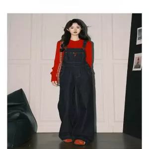 데님 오버롤 점프수트 여성용 와이드 레그 루즈핏 하이웨이스트 가을 멜빵바지 캐주얼 청바지 팬츠