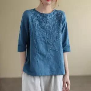 여름 블라우스 자수 린넨 혼방 5부 퍼프 반팔 티셔츠