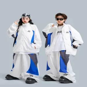 댄스복 방송 아이돌 무대 의상 발표회 키즈 K팝 힙합 의류 화이트 블루 그레이 지퍼업 윈드브레이커 자켓