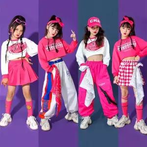 댄스복 방송 아이돌 무대 의상 발표회 여자 힙합 자르기 탑 카고 바지 아동 운동복 체크 무늬 스커트 키즈