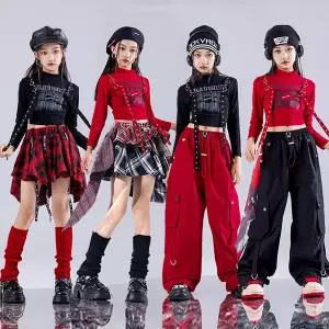 댄스복 방송 아이돌 무대 의상 발표회 키즈 힙합 의류 악세사리 자르기 탑 T 셔츠 블랙 캐주얼 카고 바지