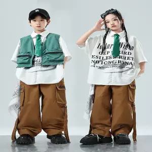 댄스복 방송 아이돌 무대 의상 발표회 키즈 K팝 힙합 의류 흰색 셔츠 녹색 크롭 브라운 캐주얼 스트랩 카고