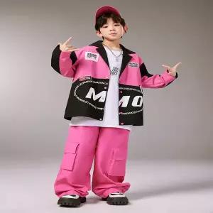 댄스복 방송 아이돌 무대 의상 발표회 키즈 힙합 의류 로즈 블랙 숏 레이싱 긴 셔츠 자르기 탑 캐주얼 포켓