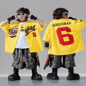 댄스복 방송 아이돌 무대 의상 발표회 키즈 힙합 의류 노란색 가디건 카디건 야구 셔츠 탑 카모 캐주얼 카