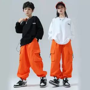 댄스복 방송 아이돌 무대 의상 발표회힙합 의류 화이트 레터 맨투맨 탑 오렌지 캐주얼 카고 조거 바지 재즈