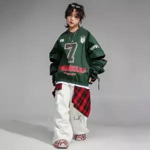 댄스복 방송 아이돌 무대 의상 발표회 키즈 힙합 의류 그린 v 브이 넥 밑단 밴딩 스웨트셔츠 화이트 캐주얼