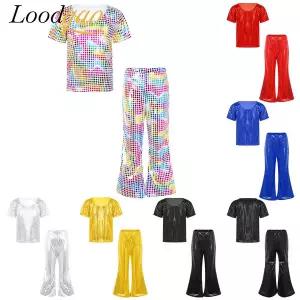 댄스복 방송 아이돌 무대 의상 발표회스트리트 재즈 댄스 복장 플레어 팬츠 티셔츠 반짝 이는 스팽글 스트