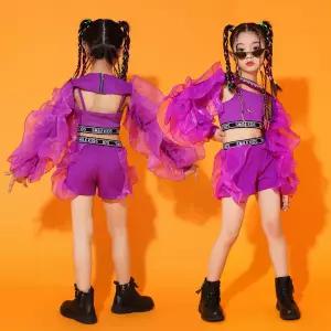 댄스복 방송 아이돌 무대 의상 발표회 키즈 힙합 댄스 복장 콘서트 공연 착용 재즈 보라색 푹신한 정장