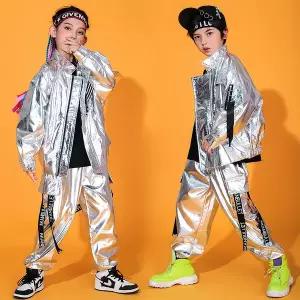 댄스복 방송 아이돌 무대 의상 발표회 힙합 실버 자켓 재킷 재즈 조깅 바지 스트리트 댄스 의류 세트스팽글