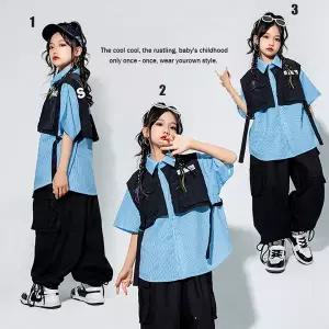 댄스복 방송 아이돌 무대 의상 발표회 힙합 의류 가짜 투피스 탑 블랙 카고 바지재즈 댄스 세트