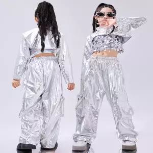 댄스복 방송 아이돌 무대 의상 발표회 용 실버 스팽글 힙합 코스튬 크롭탑 조끼 반짝이는 바지 재즈 의류