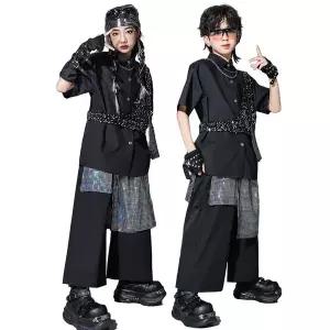 댄스복 방송 아이돌 무대 의상 발표회힙합 댄스 용 검은색 셔츠 미니 소형 조끼 바지 허리 스카프 공연복