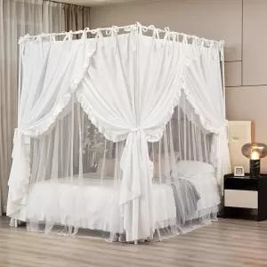 아키키 4 코너 포스트 캐노피 침대 커튼 더블 레이어 아늑한 드레이프 네팅 오프닝 모기장 장식용 (화이트