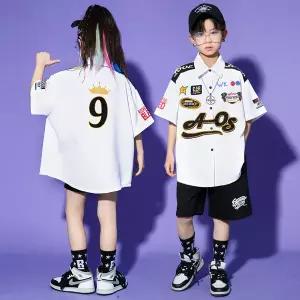 댄스복 방송 아이돌 무대 의상 발표회 키즈 힙합 의류 화이트 프린트 오버사이즈 레이싱 셔츠 탑 블랙 캐주