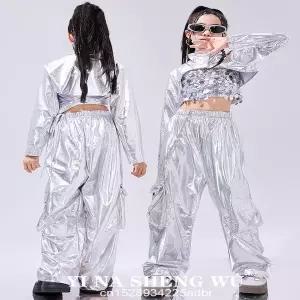 댄스복 방송 아이돌 무대 의상 발표회 실버 스팽글 힙합 크롭탑 조끼 반짝이 바지 아동 재즈 스트릿 댄스