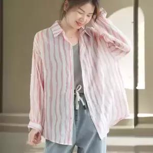 마르소 여성 칼라 블라우스 스트라이프 얇은 카디건 셔츠 골지 래쉬가드 루즈핏 상의 UNO1