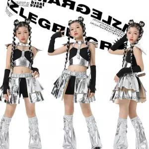 댄스복 방송 아이돌 무대 의상 발표회재즈 댄스 공연 실버 기술 탑 숏 치마 재즈 세트