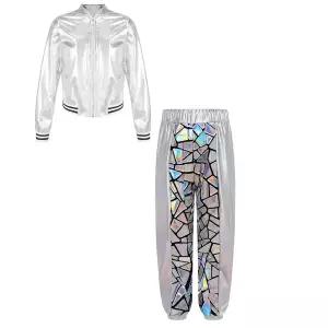 댄스복 방송 아이돌 무대 의상 발표회 힙합 재즈 댄스 복장 학교 농구 치어리딩 반팔 메탈릭 티셔츠와 반짝