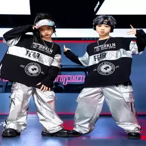 댄스복 방송 아이돌 무대 의상 발표회 아이들 힙합 의류 블랙 레터링 스웨트셔츠 실버 캐주얼 와이드 카고