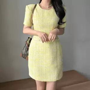 [하프클럽/엘린무드]캔디 체크 미니 트위드 화사한 반팔 원피스(3COLOR)