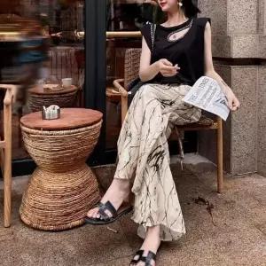 패턴 바지 쿨 냉감 여성 여름 밴딩 와이드 팬츠 허리