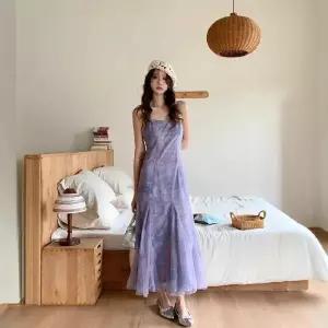 여성 원피스 프렌치 바캉스룩 유화 민소매 나시 프린트 연보라색 원픽1