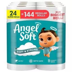 Angel Soft 화장지, 슈퍼 메가 롤 24개 = 레귤러 144개, 부드럽고 튼튼한 화장지