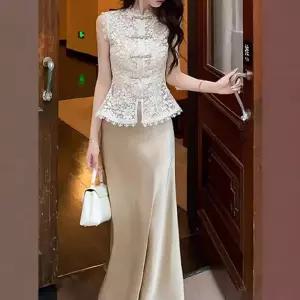 쉬폰 스커트 여성 시폰 레이스 펀칭 자수 톱 나시 아우터 새틴 머메이드 admr1