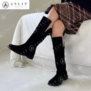 [애슬릿] 사각 코 발 편한 플랫 스트랩 롱 부츠