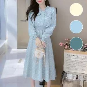 [에이치플러스몰]쉬폰 프릴 러플 원피스 봄가을 데이트 하객룩 페미닌 플라워 긴팔