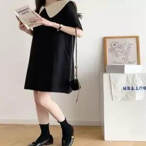 [의류] 여자 배색 와이드 카라원피스 블랙 쁘띠 미니 원피스