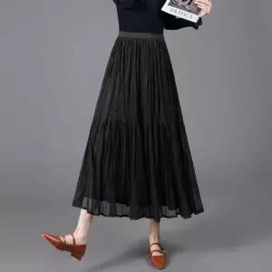 여성 치마 망사 롱 데일리 쉬폰 봄가을 솔리드 플리츠 슬림핏 A라인 SPO마켓3