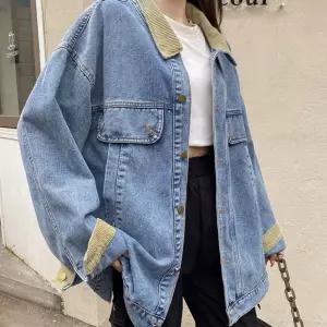 여성 트렌디 캐주얼 루즈핏 배색 카라넥 데님 자켓