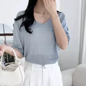 여름철 여성 시스루 린넨 브이넥 루즈핏 반팔 니트