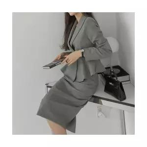 여성원피스 가을 브이넥 프릴 체크 정장 코트 무릎까지 오는 힙 스커트 투피스 OOTD3