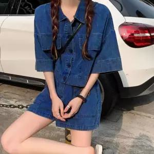 [yck]여성 반팔 데님 투피스 셋업 반바지 코디 세트[패션]