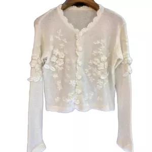 여성 가디건 라운드넥 얇은 반팔 니트 코튼 케이블