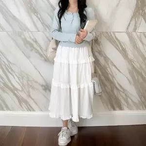 [다잇템]여성 고무줄 티어드 프릴 리본스트랩 롱 스커트 (31623673A)