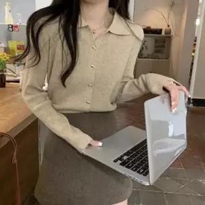 [의류] 여성 V넥 깔끔한 얇은 골지 카라 니트 가디건 봄가을